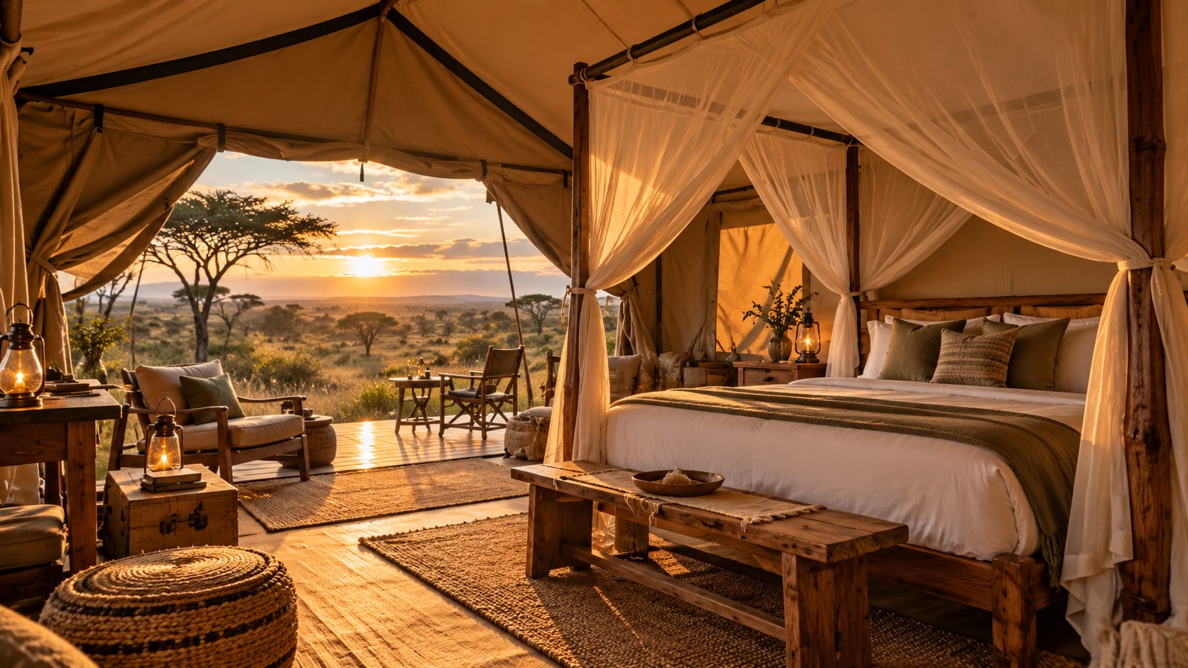 Interior of a tented safari lodge in Tanzania
